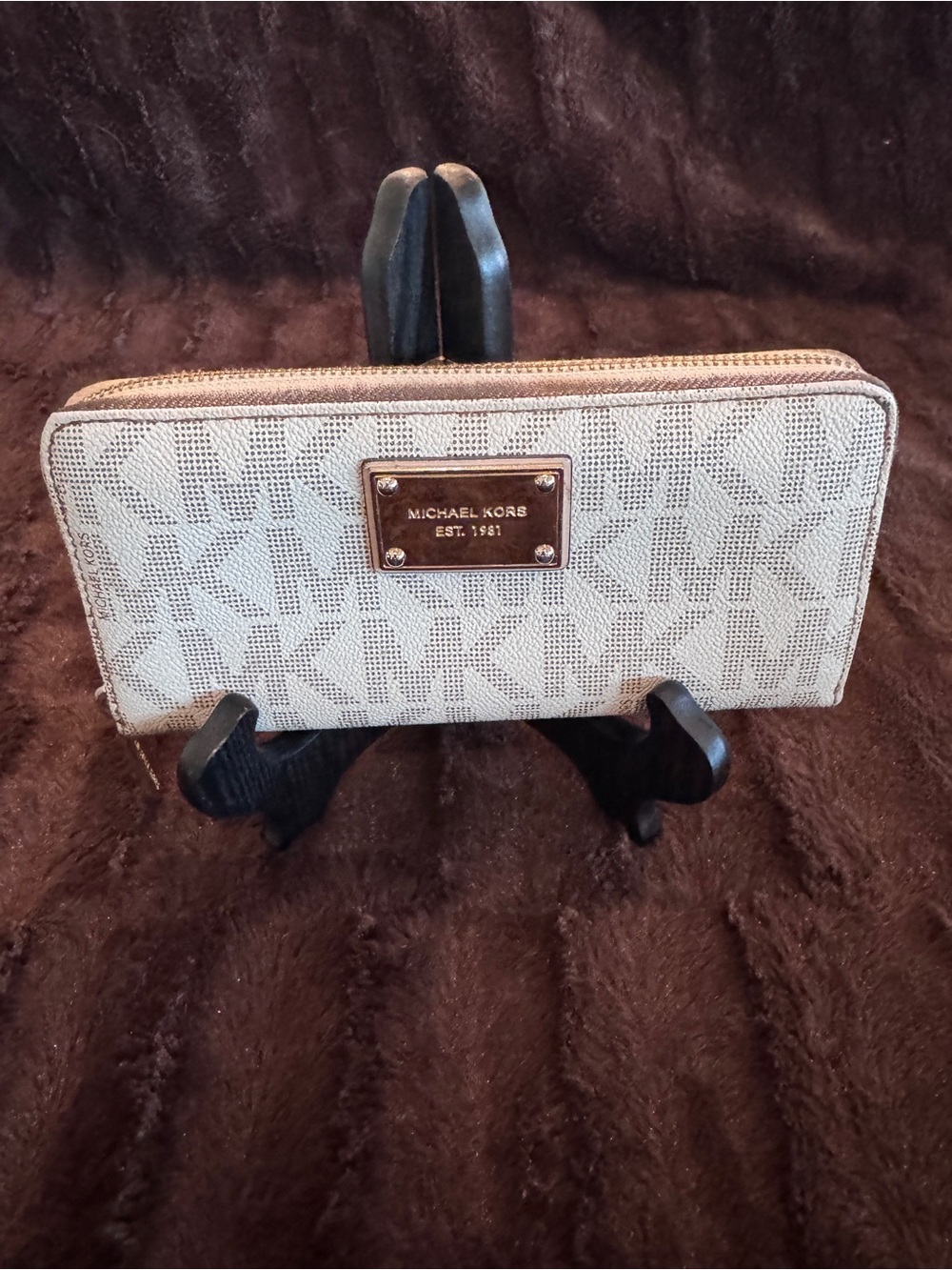 Michael Kors Beige and Gold MK Logo Zip Wallet